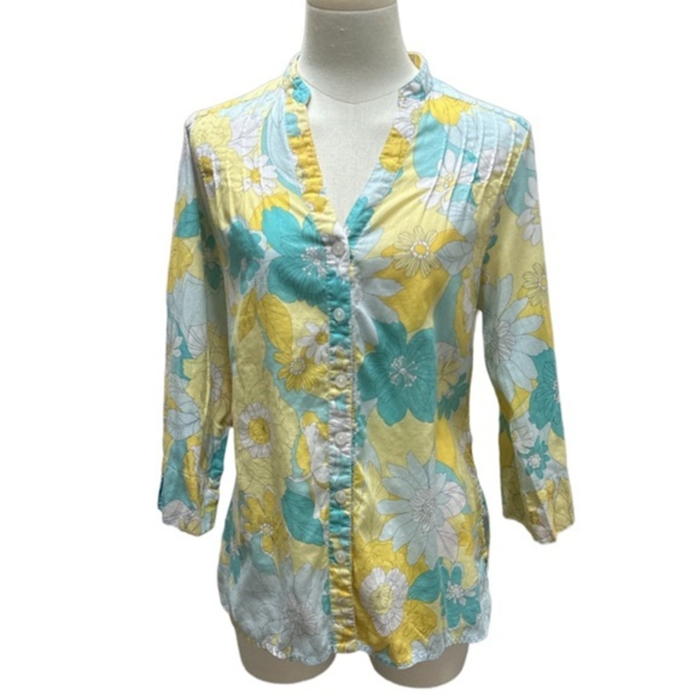 Alfred Dunner Yellow/White/Aqua Floral 3/4‎ Sleeve Blouse women’s size 10 (1925)